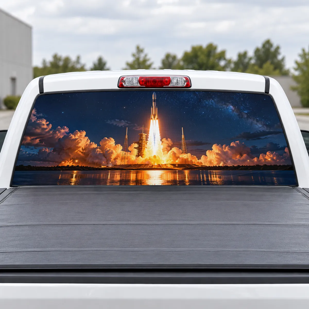 Rocket Launch perforated rear window decal for Trucks