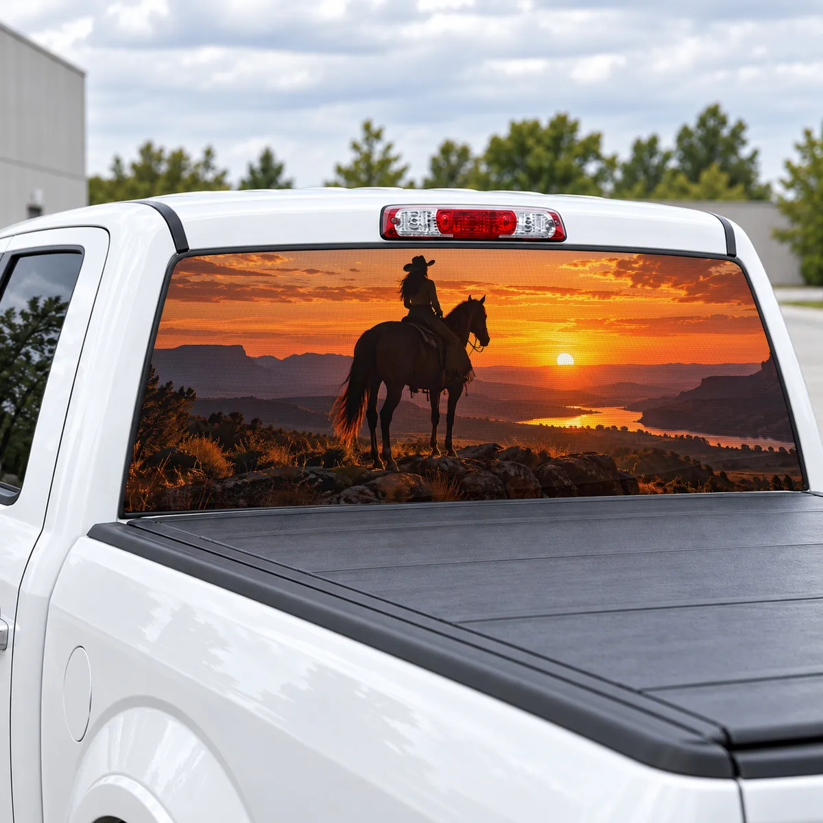 Cowgirl Sunset perforated rear window decal for Trucks, view 2 of 4