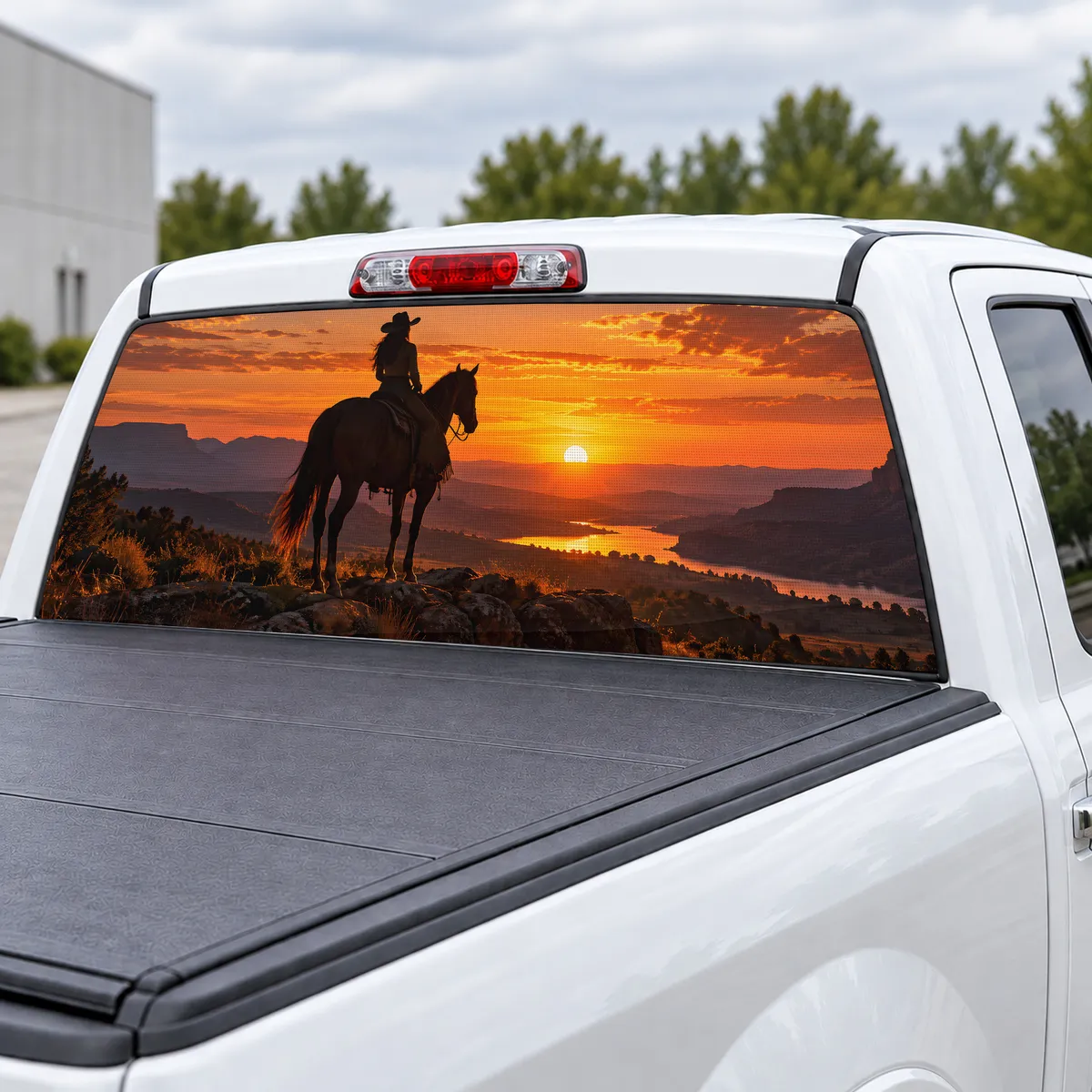 Cowgirl Sunset perforated rear window decal for Trucks, view 3 of 4