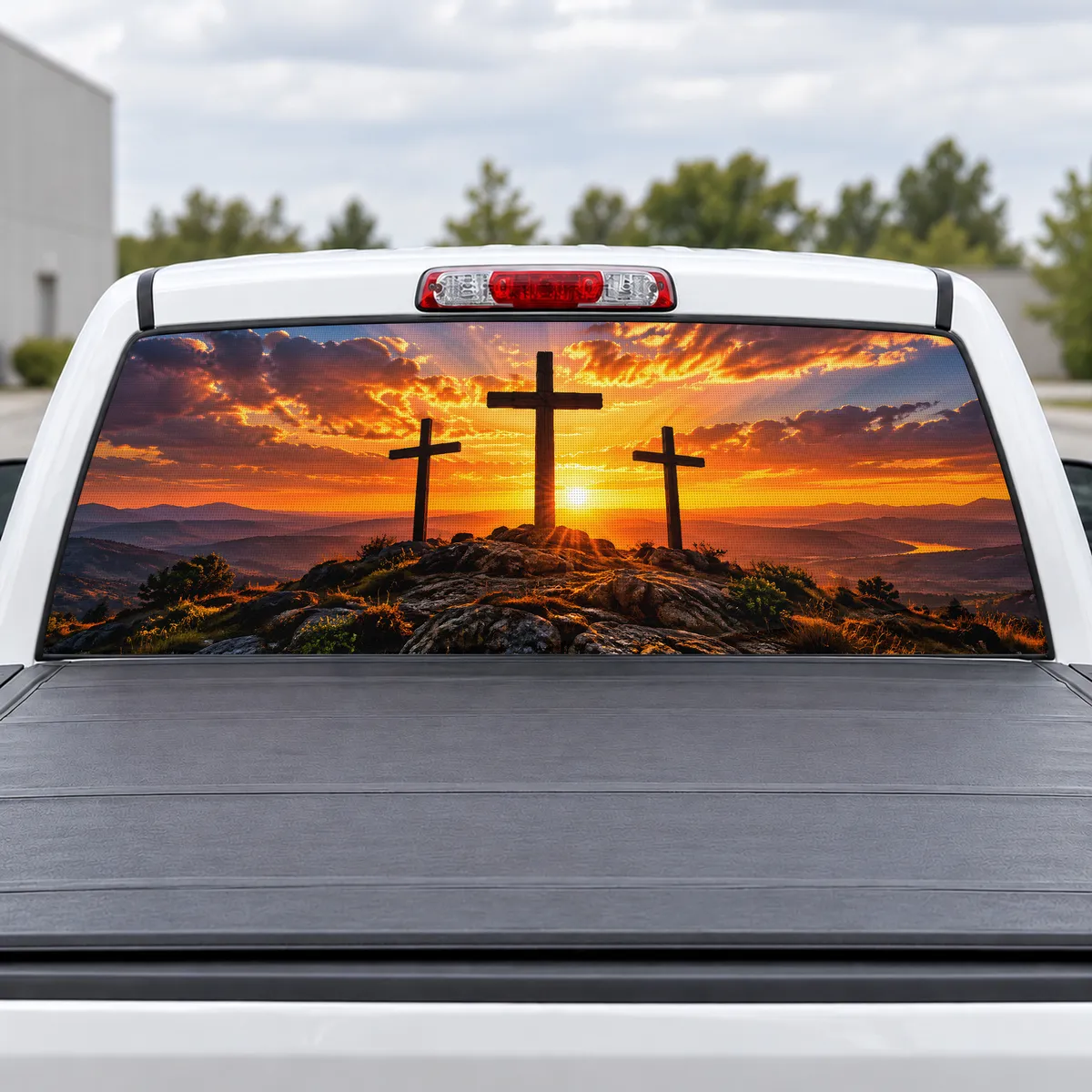 Calvary Sunset perforated rear window decal for Trucks