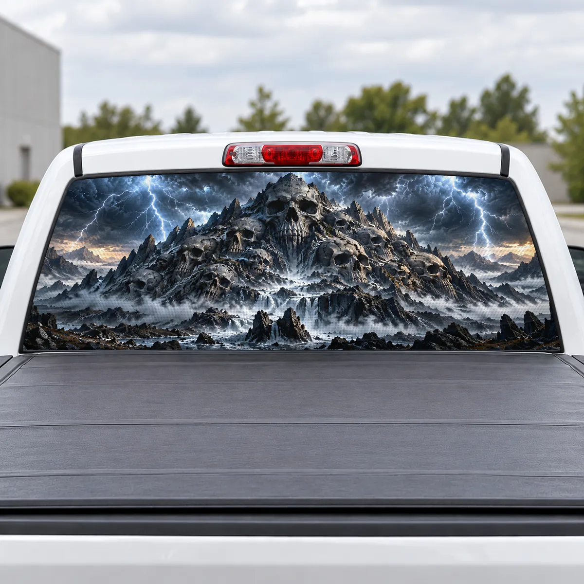 Skull Mountain perforated rear window decal for Trucks