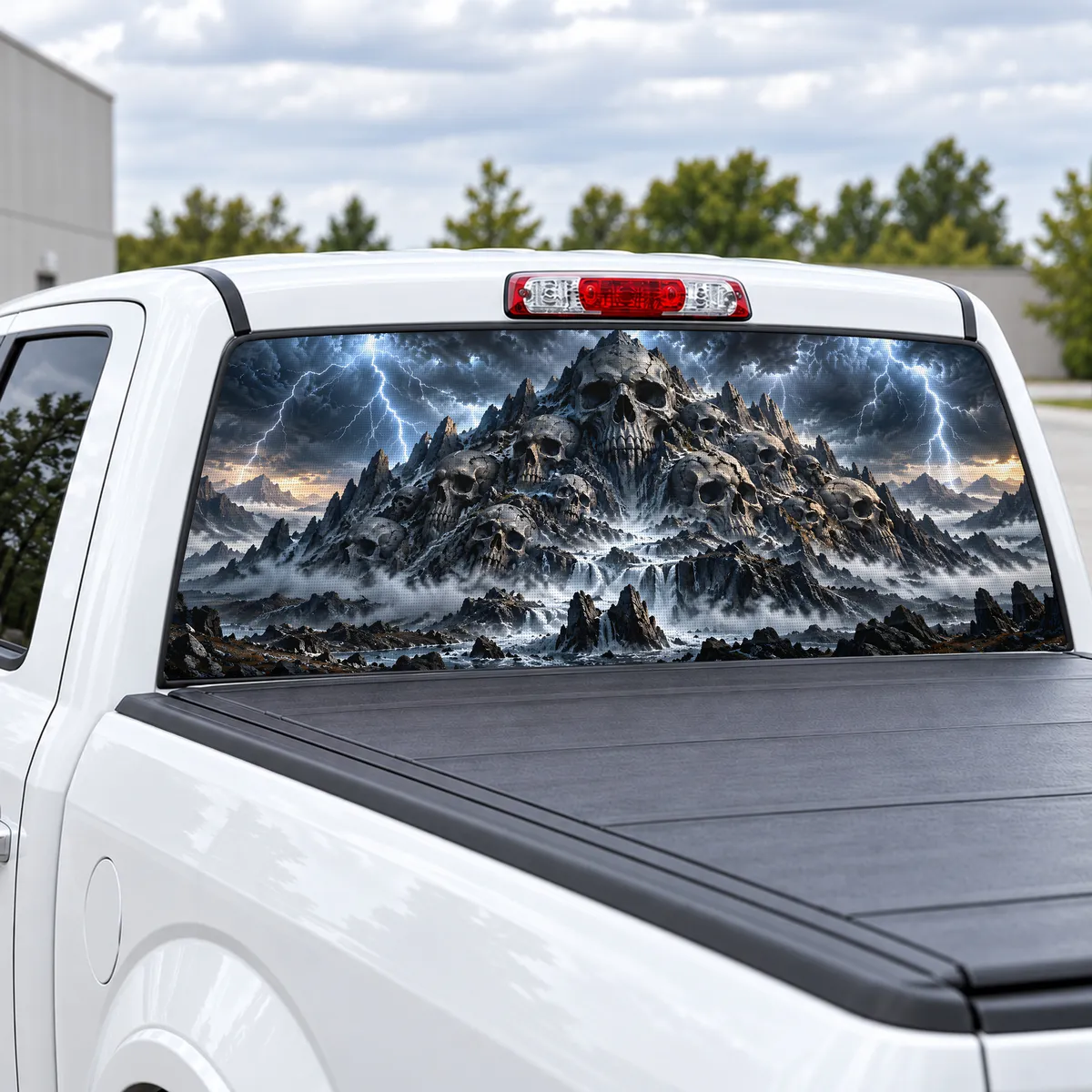 Skull Mountain perforated rear window decal for Trucks, view 2 of 4