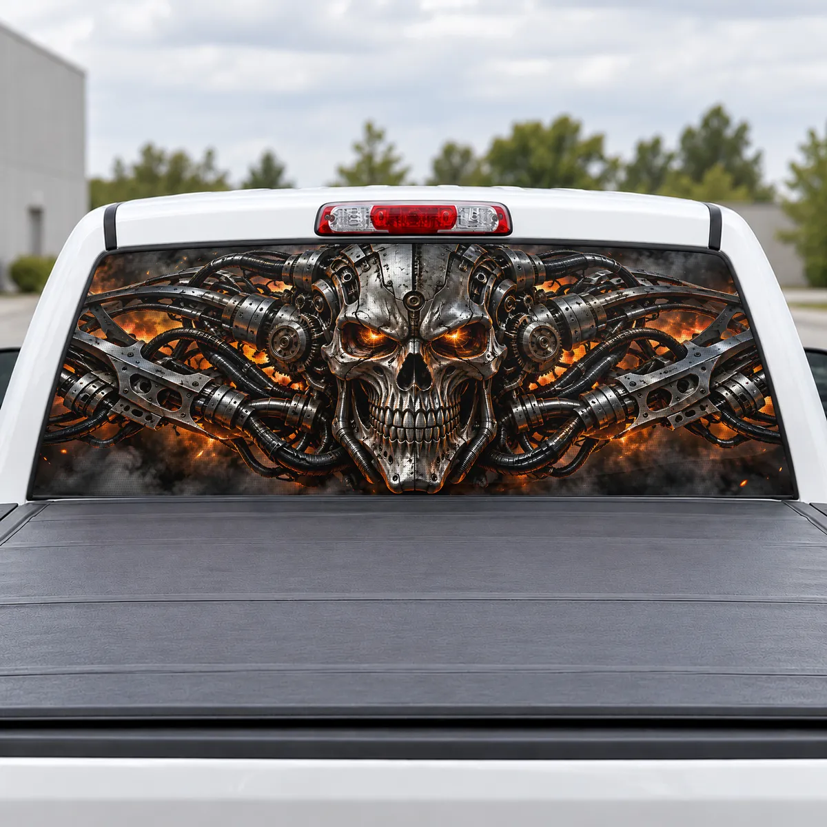 Biomech Skull perforated rear window decal for Trucks