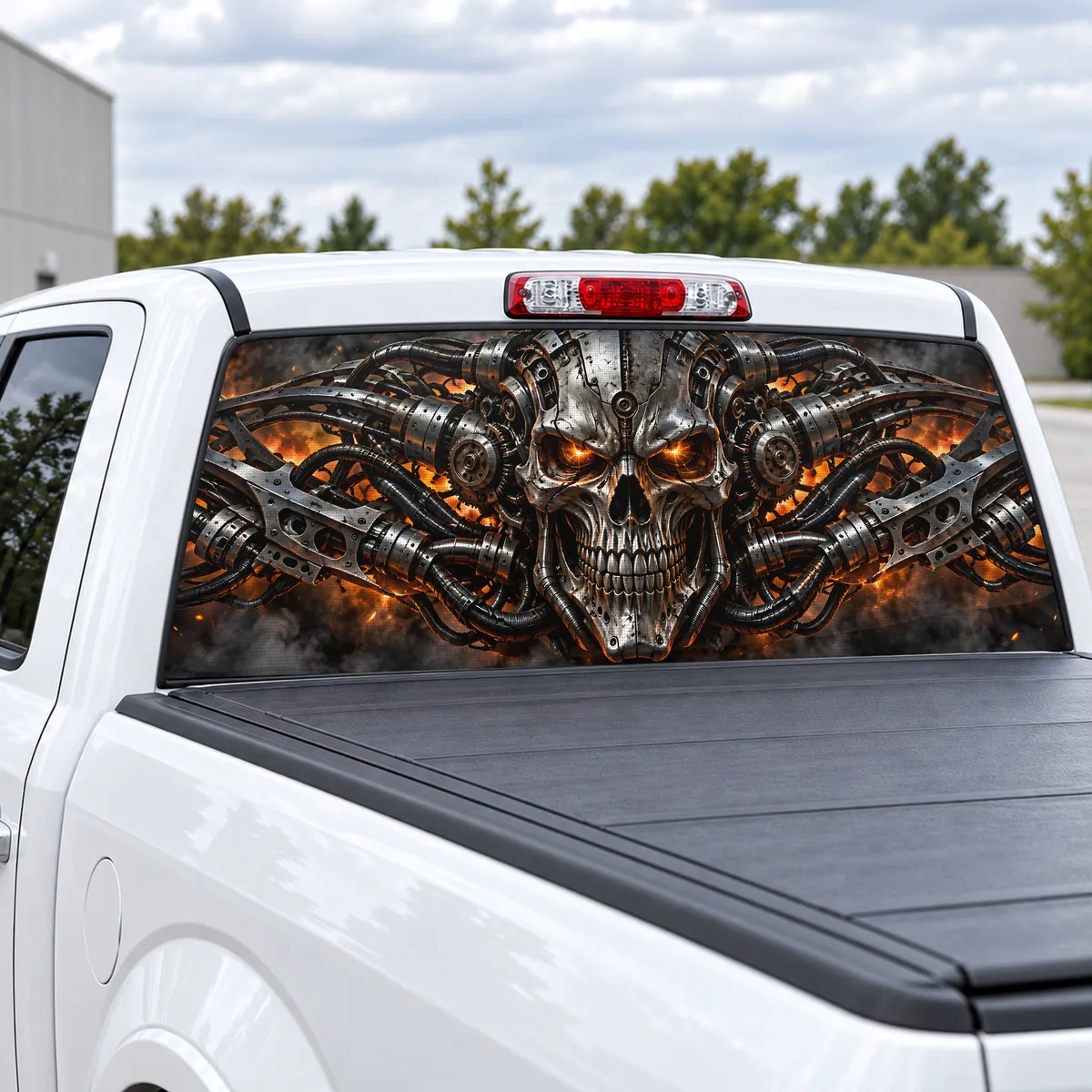 Biomech Skull perforated rear window decal for Trucks, view 2 of 4