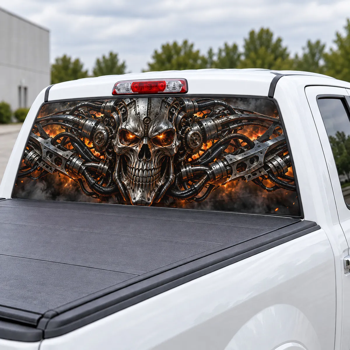 Biomech Skull perforated rear window decal for Trucks, view 3 of 4