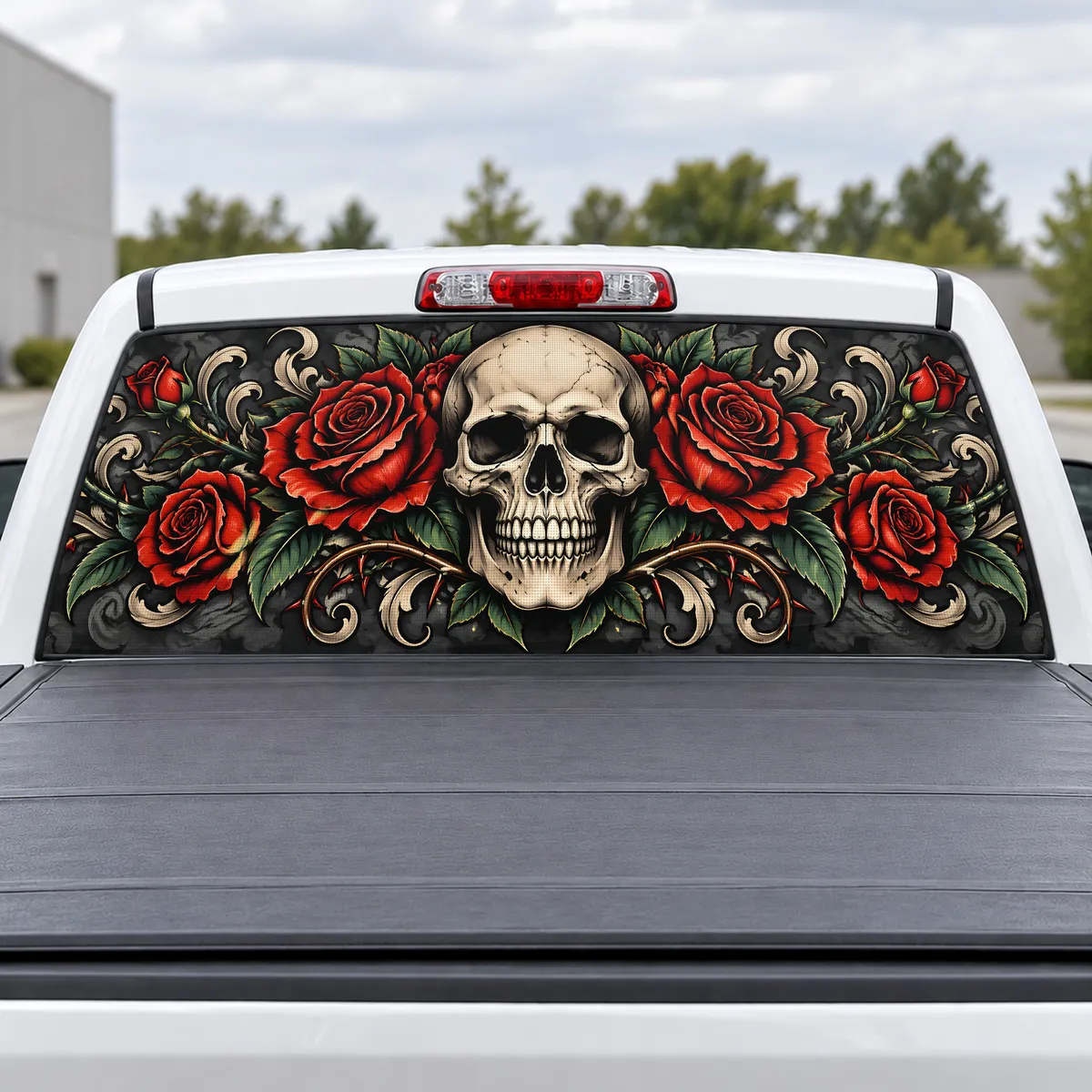 Skull and Roses perforated rear window decal for Trucks