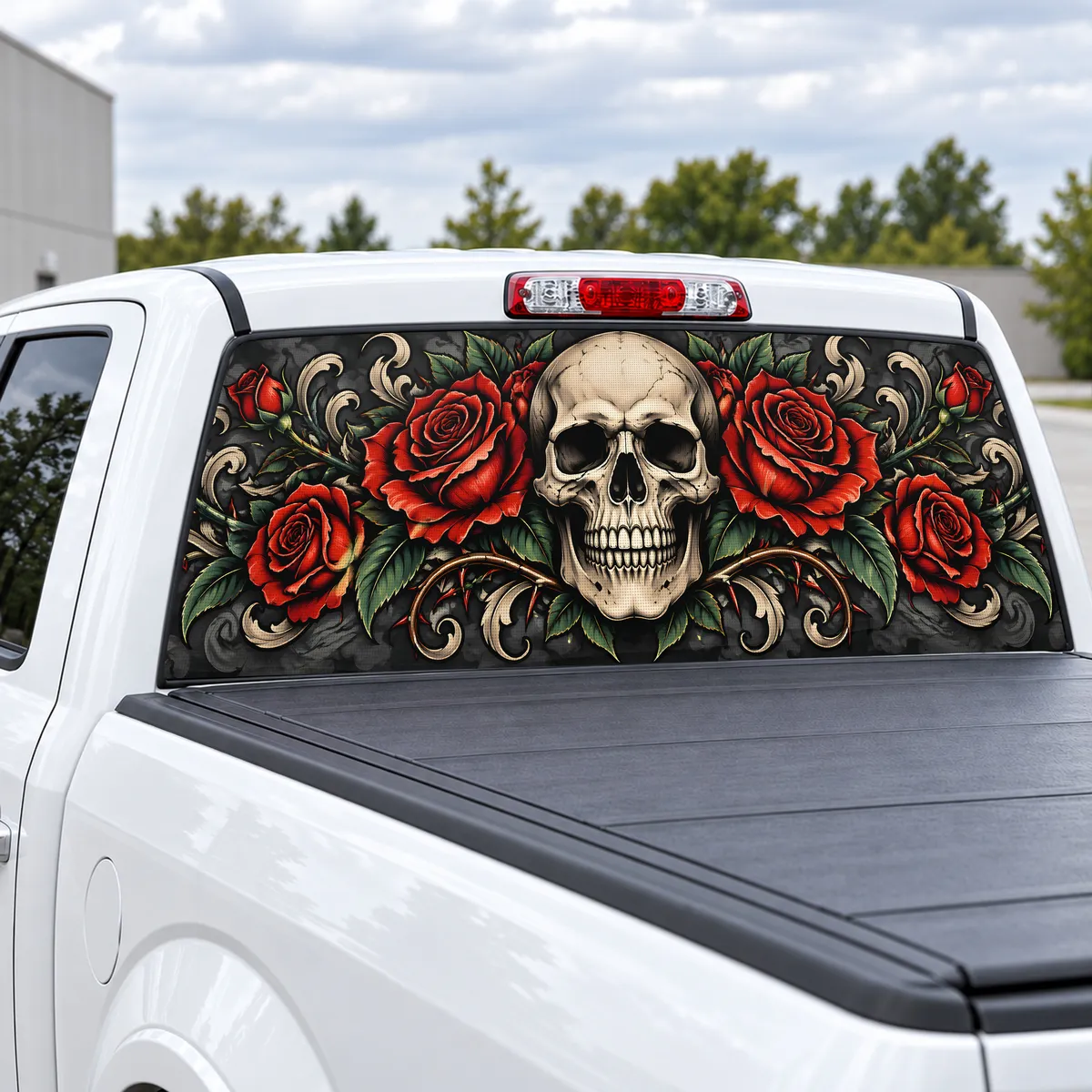 Skull and Roses perforated rear window decal for Trucks, view 2 of 4