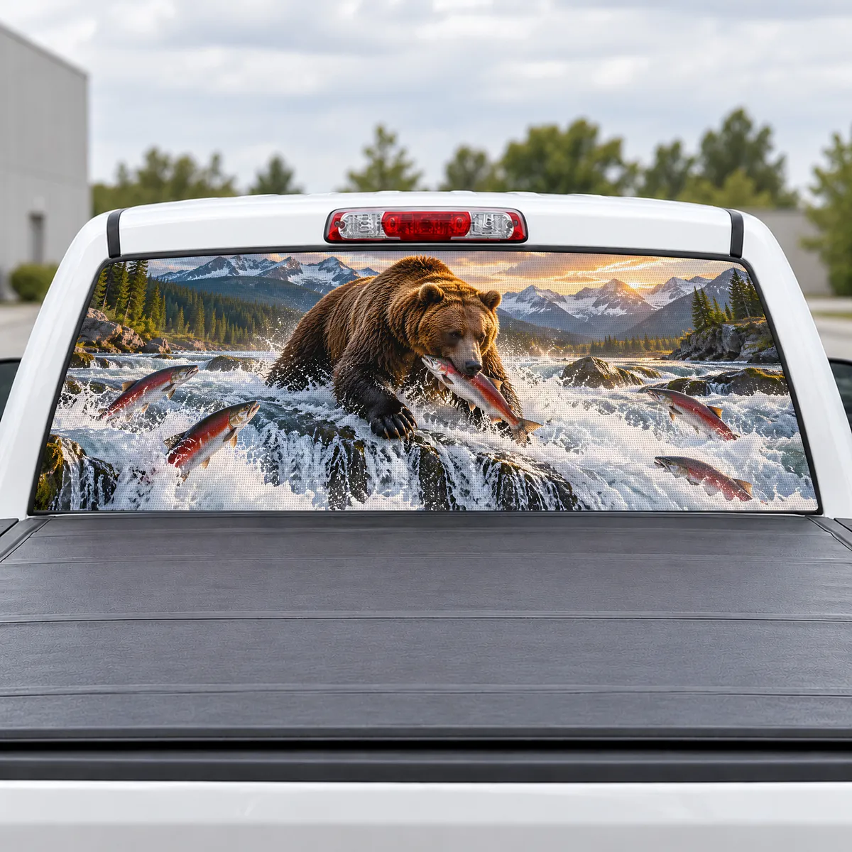 Salmon Run Bear perforated rear window decal for Trucks