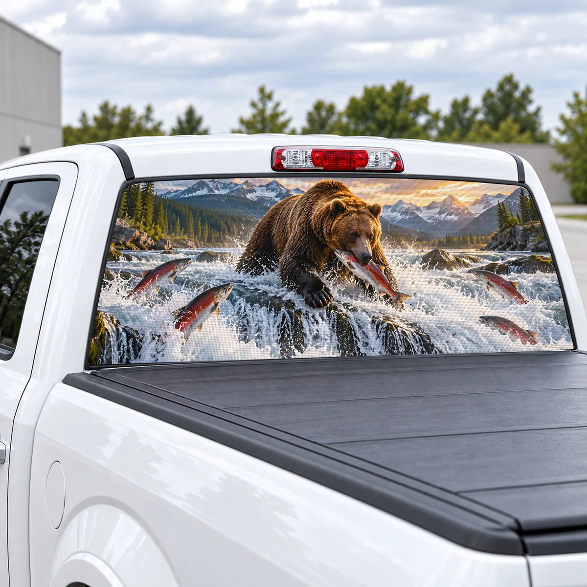 Salmon Run Bear perforated rear window decal for Trucks, view 2 of 4