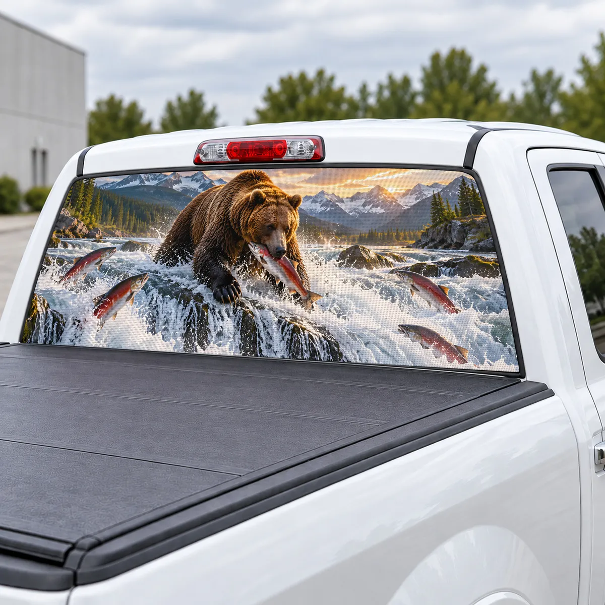 Salmon Run Bear perforated rear window decal for Trucks, view 3 of 4