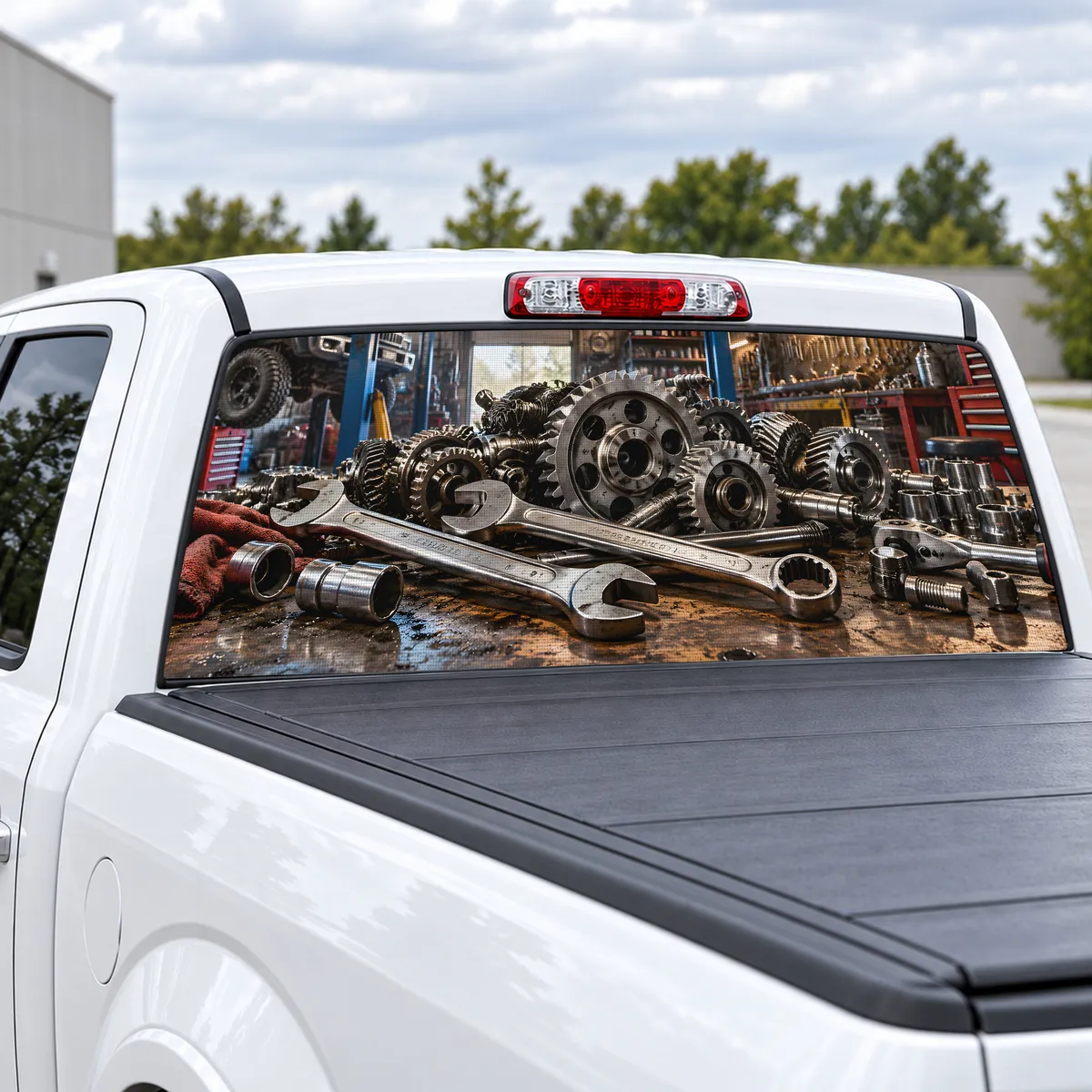 Mechanic Garage perforated rear window decal for Trucks, view 2 of 4