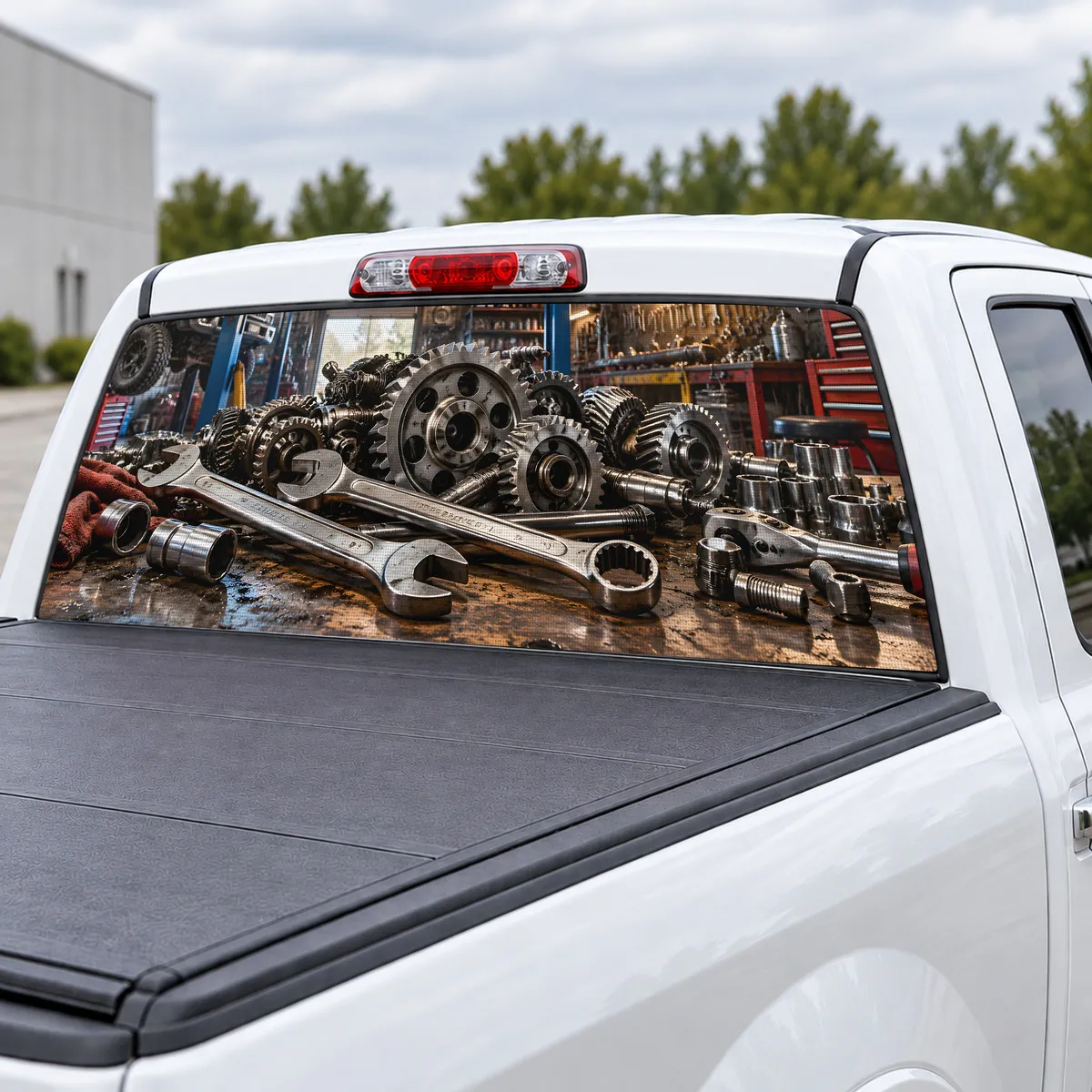 Mechanic Garage perforated rear window decal for Trucks, view 3 of 4