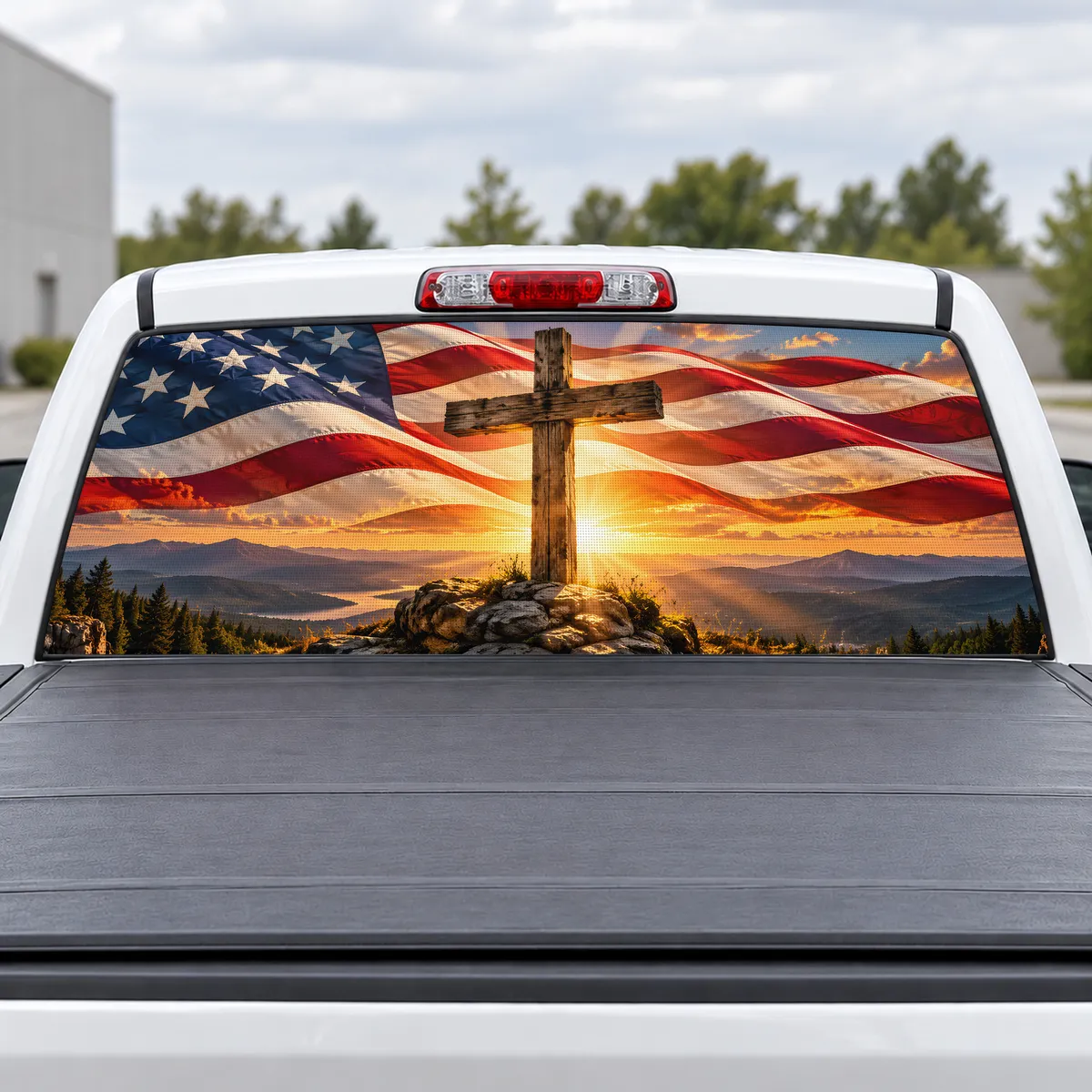 Flag and Cross perforated rear window decal for Trucks