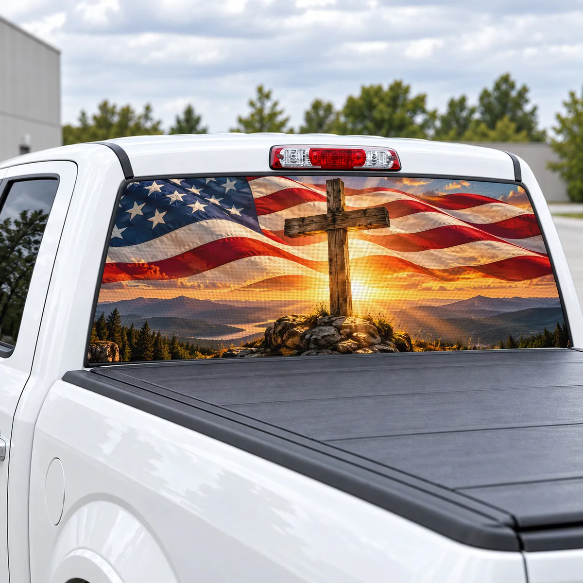 Flag and Cross perforated rear window decal for Trucks, view 2 of 4