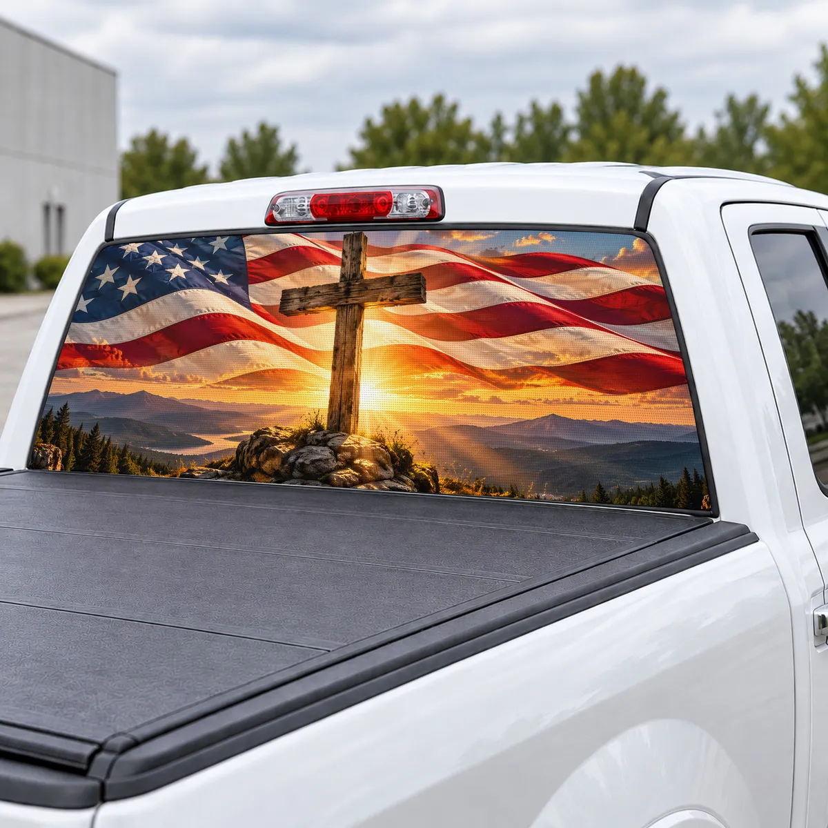 Flag and Cross perforated rear window decal for Trucks, view 3 of 4