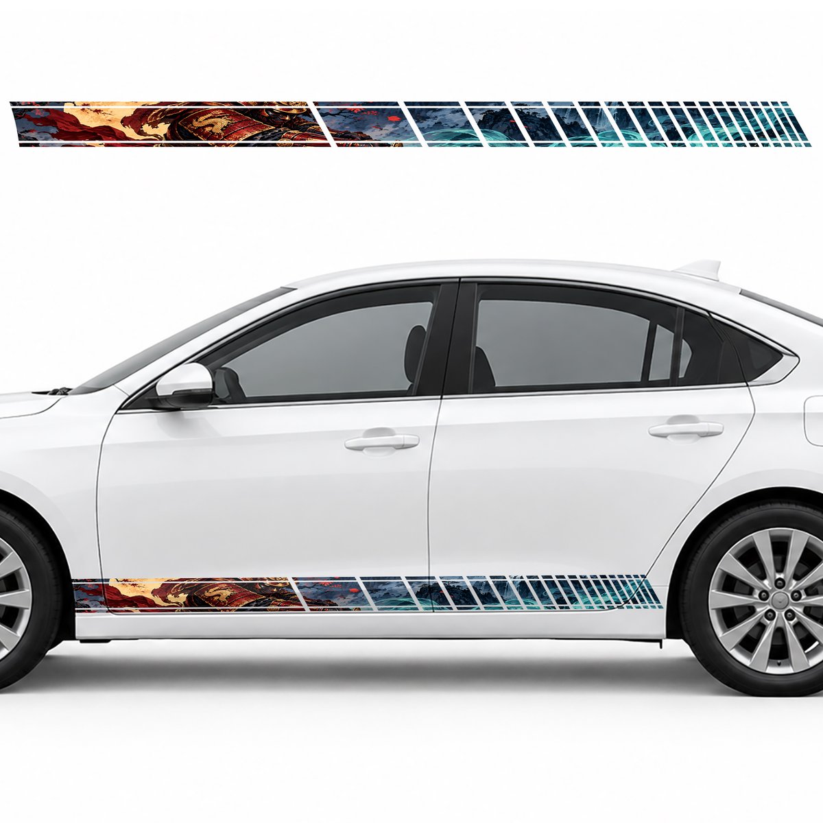 Crimson and Gold Samurai with a Turquoise Trail side door racing stripes decals stickers for Cars