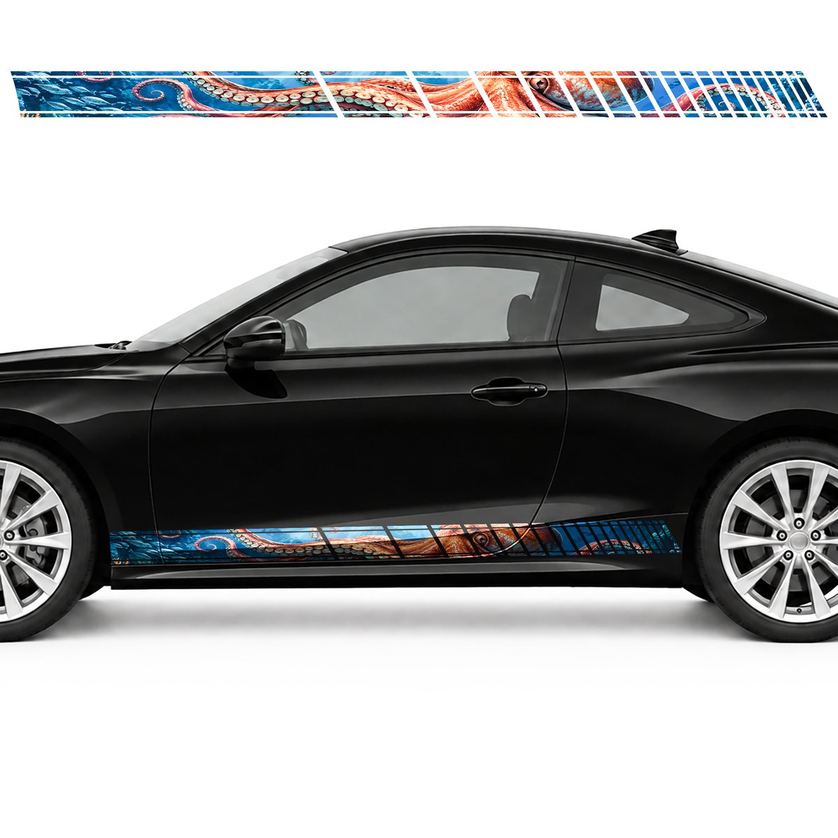 Coral Octopus in Turquoise and Cobalt Waters side door racing stripes decals stickers for Cars