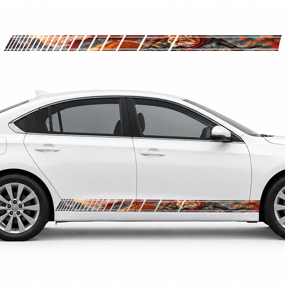 Fox Warrior among Amber Leaves side door racing stripes, view 2 of 4