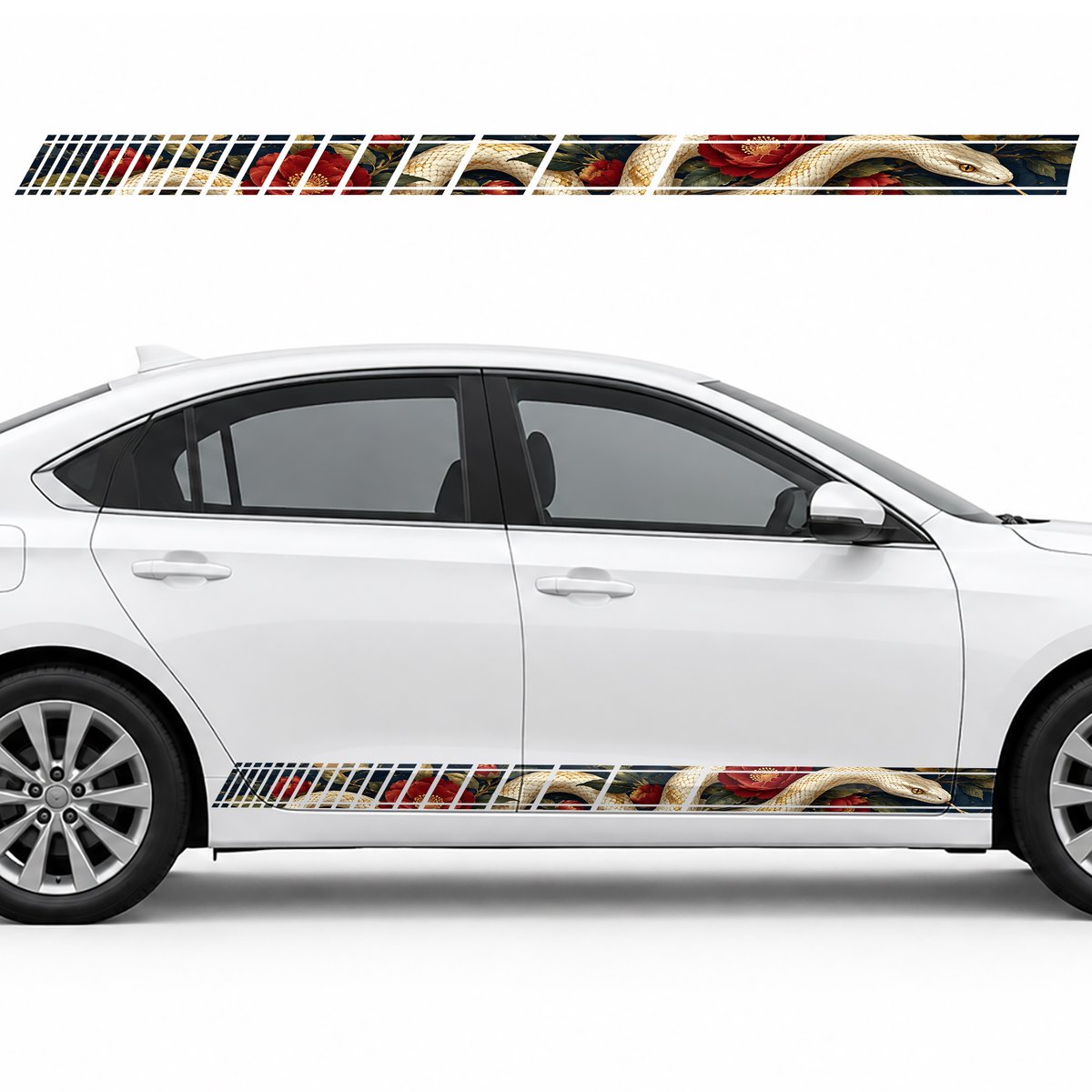 Ivory Snake and Crimson Camellias side door racing stripes, view 2 of 4