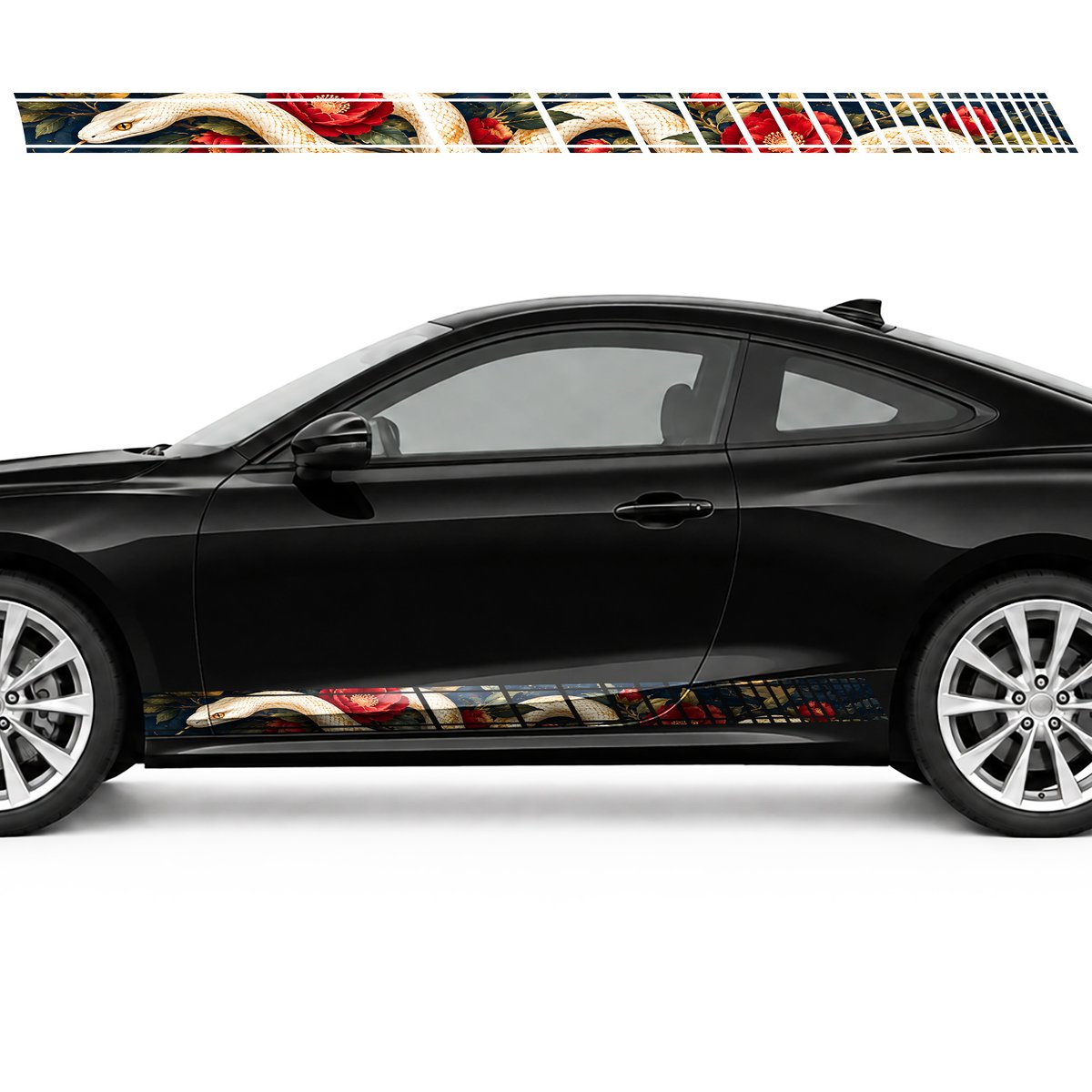 Ivory Snake and Crimson Camellias side door racing stripes, view 3 of 4