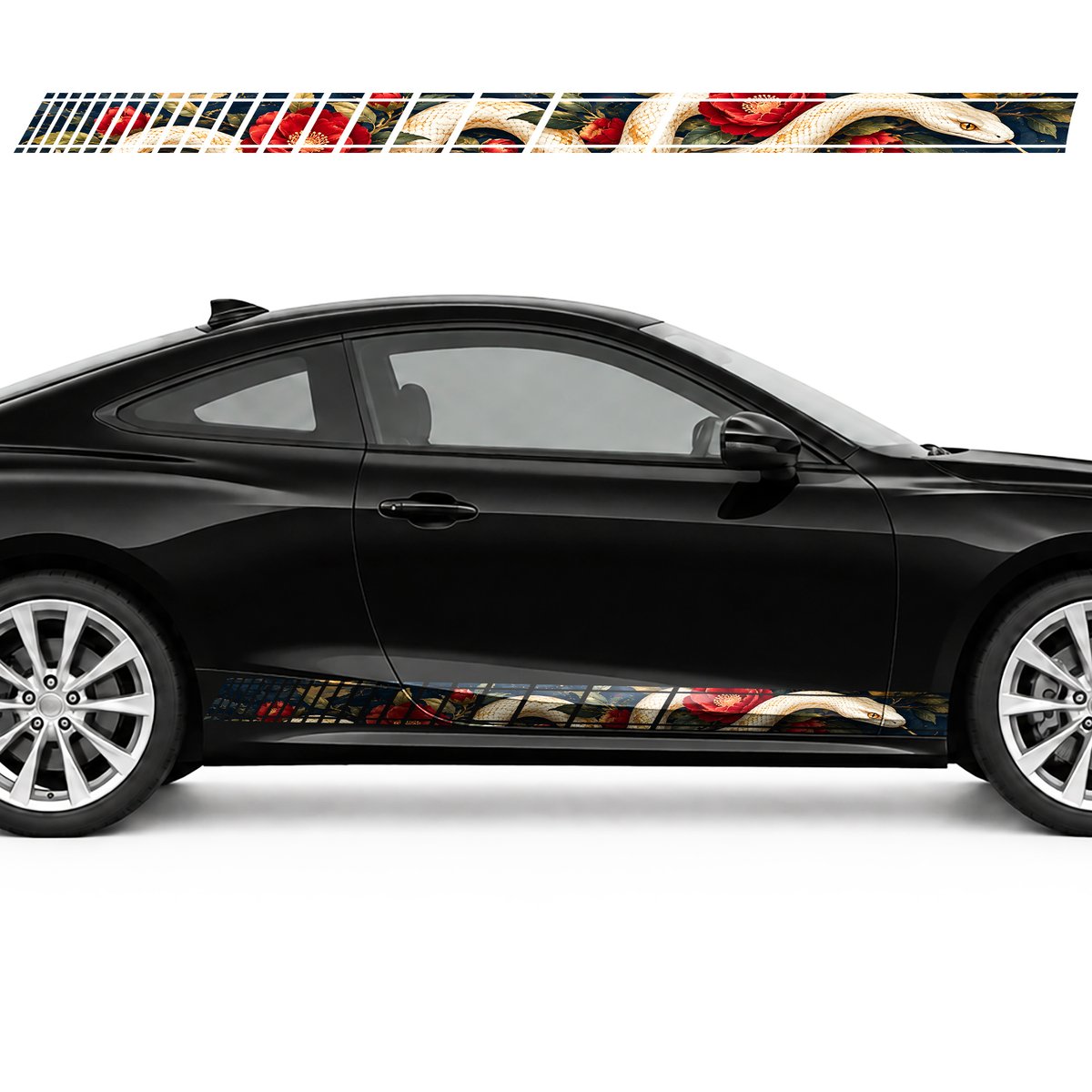 Ivory Snake and Crimson Camellias side door racing stripes, view 4 of 4