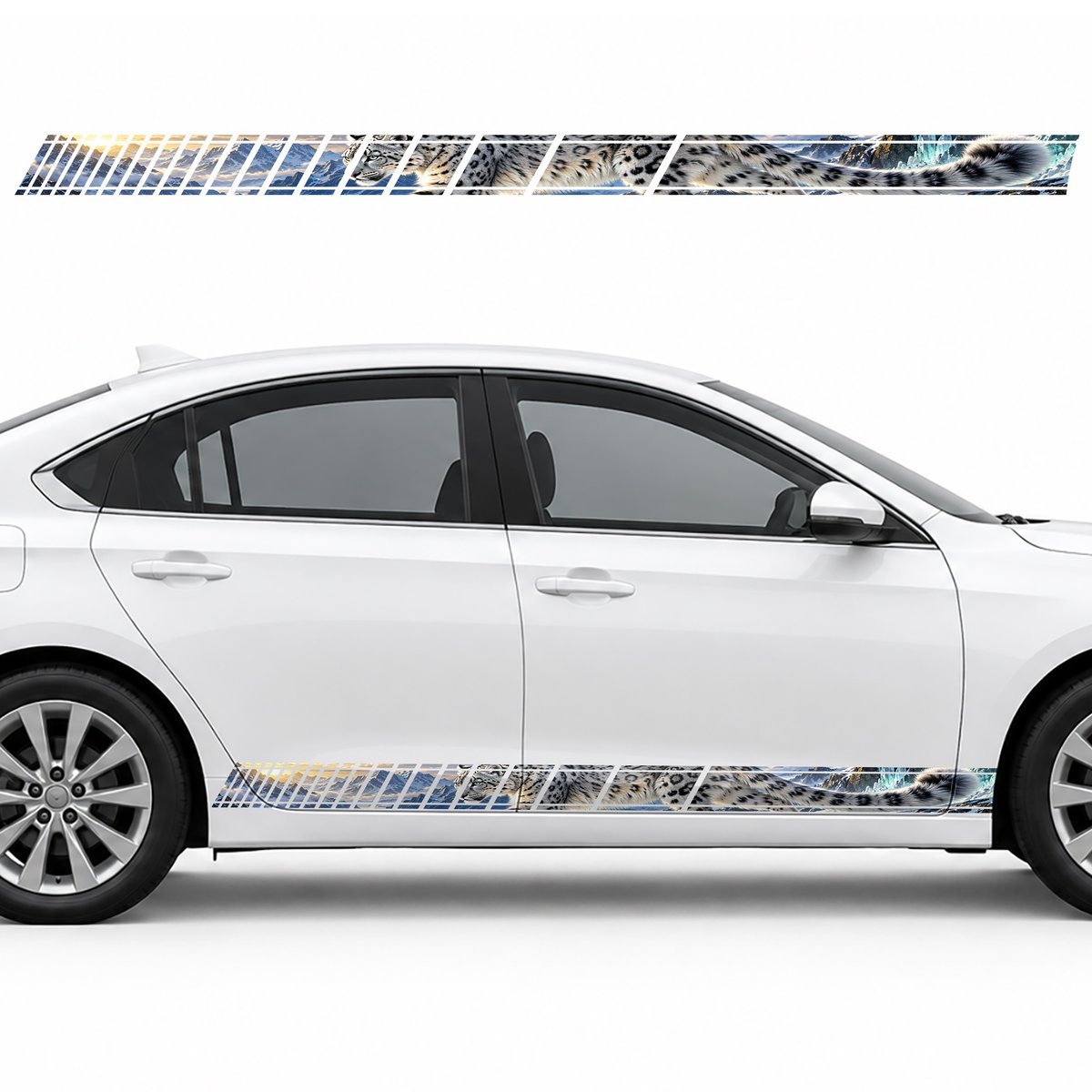 Snow Leopard on an Icy Rock side door racing stripes decals, view 4 of 4