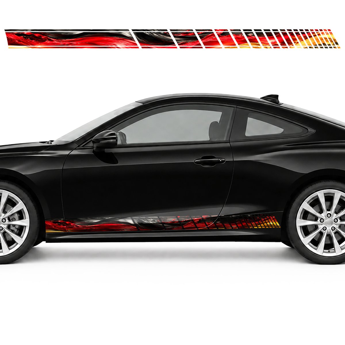 Black, Crimson and Gold Flow side door racing stripes, view 3 of 4
