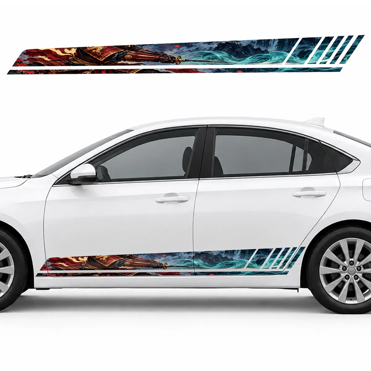 Crimson and Gold Samurai with a Turquoise Trail GT racing side door stripes decals stickers for Cars