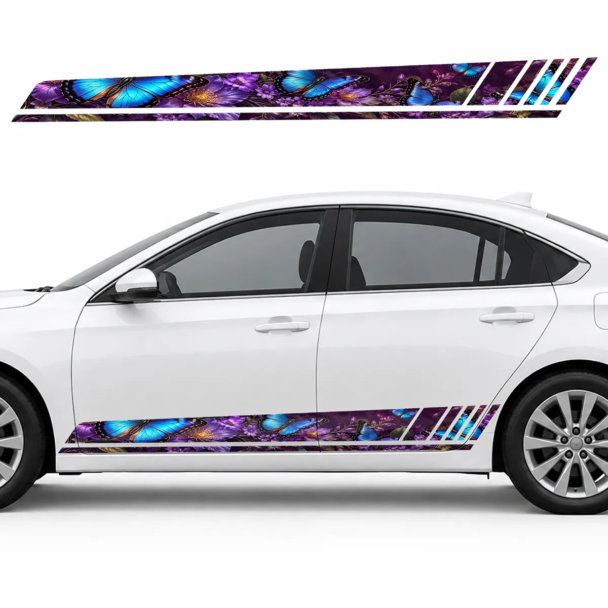 Blue Morpho Butterflies over Purple Flowers GT racing side door stripes decals stickers for Cars