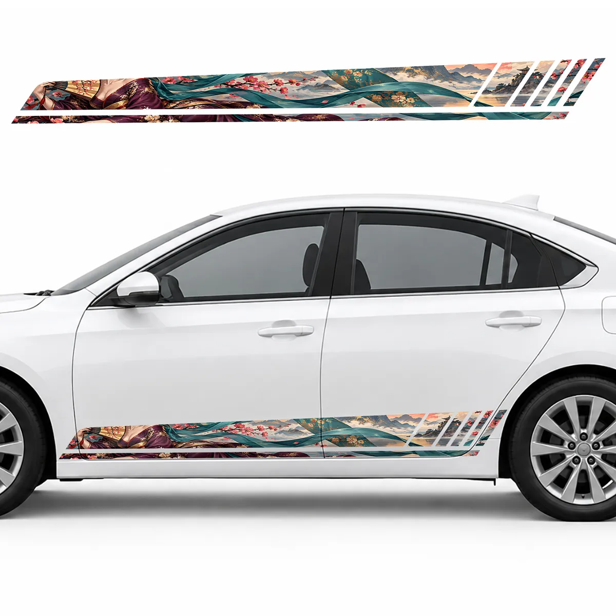Geisha with a Fan among Turquoise Ribbons GT racing side door stripes decals stickers for Cars