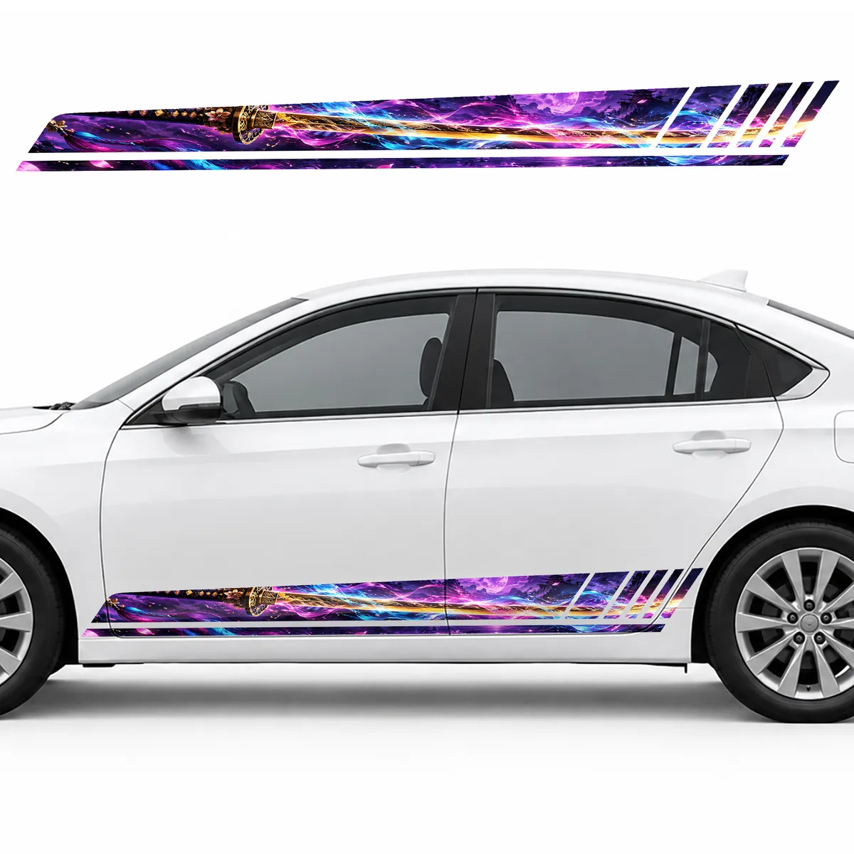 Golden Katana in a Magenta and Cyan Glow GT racing side door stripes decals stickers for Cars