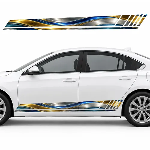 Cobalt and Gold Waves on Aluminum GT racing side door stripes decals stickers for Cars