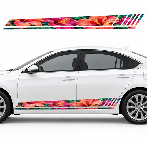 Coral Hibiscus among Tropical Leaves GT racing side door stripes decals stickers for Cars