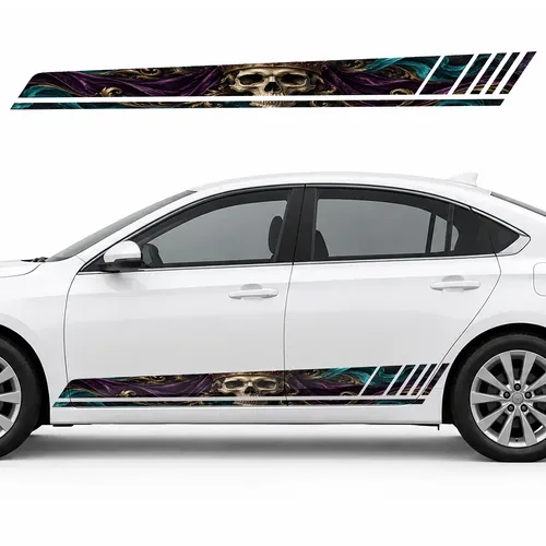 Crowned Skull in Violet and Turquoise Ribbons GT racing side door stripes decals stickers for Cars