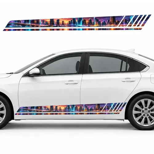 Neon Skyline of a Futuristic City GT racing side door stripes decals stickers for Cars