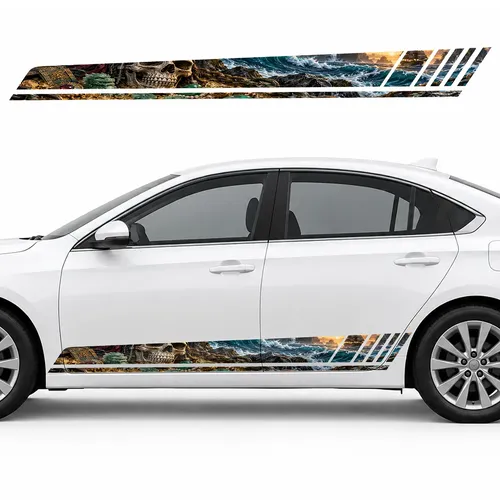 Pirate Skull among Gold and Jade GT racing side door stripes decals stickers for Cars