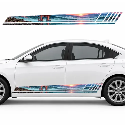 Dawn over a Lake with a Torii Gate GT racing side door stripes decals stickers for Cars