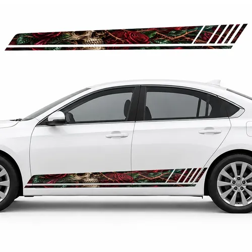 Skull in Crimson Roses GT racing side door stripes decals stickers for Cars