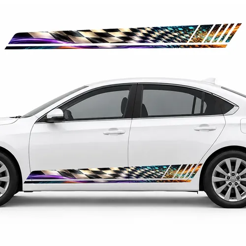 Checkered Swirl of Cyan, Orange and Violet GT racing side door stripes decals stickers for Cars