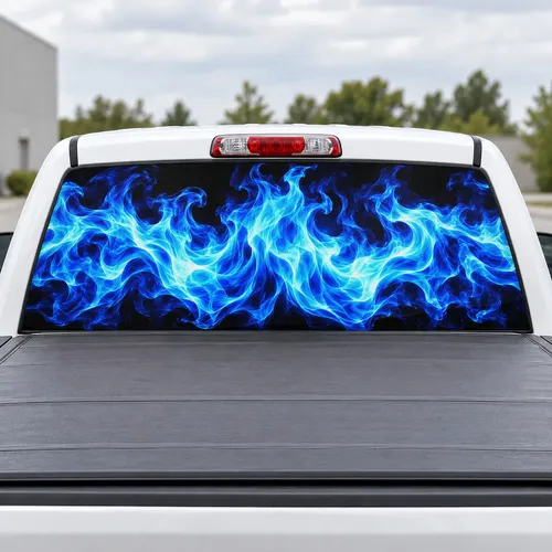 Blue Fire perforated rear window decal for Trucks