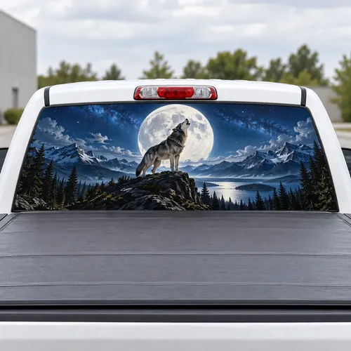 Lone Wolf Moon perforated rear window decal for Trucks