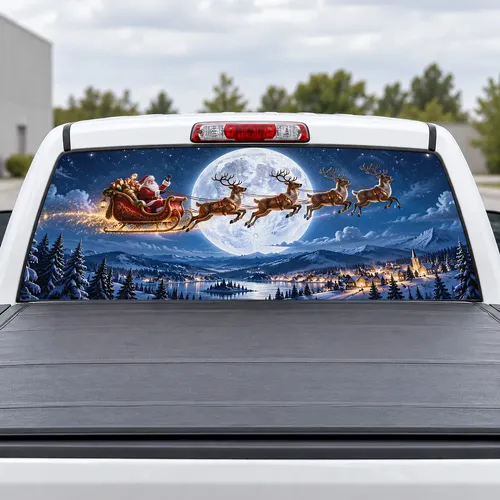 Santa Sleigh Moon perforated rear window decal for Trucks