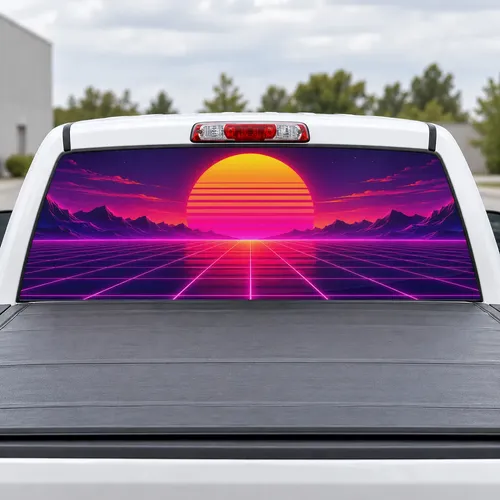 Synthwave Sunset perforated rear window decal for Trucks