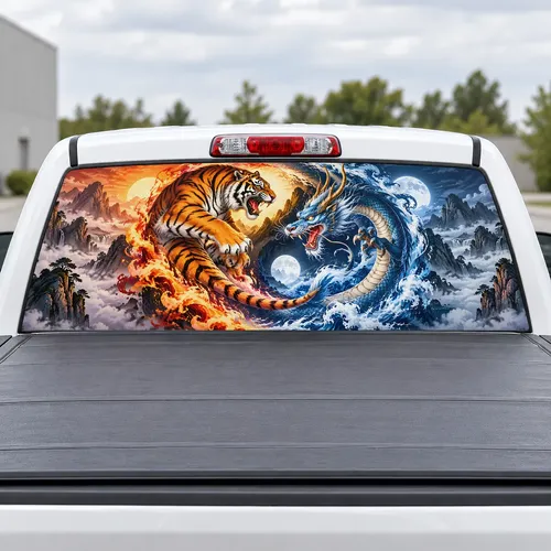 Tiger and Dragon perforated rear window decal for Trucks