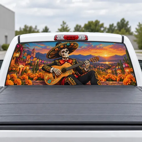 Mariachi Skull perforated rear window decal for Trucks