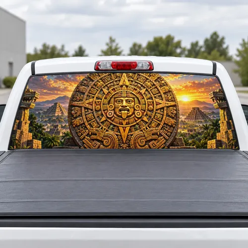 Aztec Sun Stone perforated rear window decal for Trucks