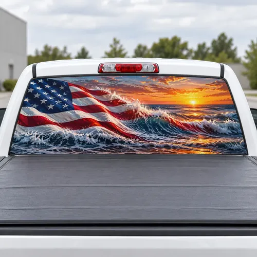 Flag Over the Ocean perforated rear window decal for Trucks