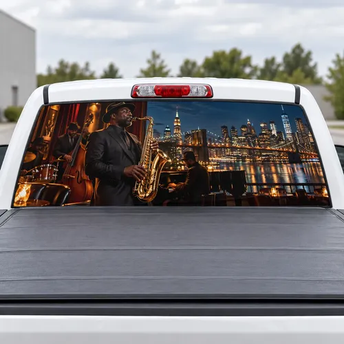 Jazz City Sax perforated rear window decal for Trucks