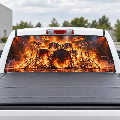 Drum Kit Fire perforated rear window decal for Trucks