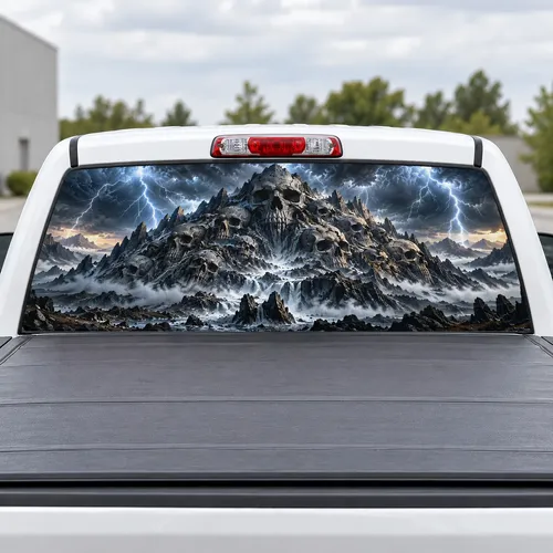 Skull Mountain perforated rear window decal for Trucks